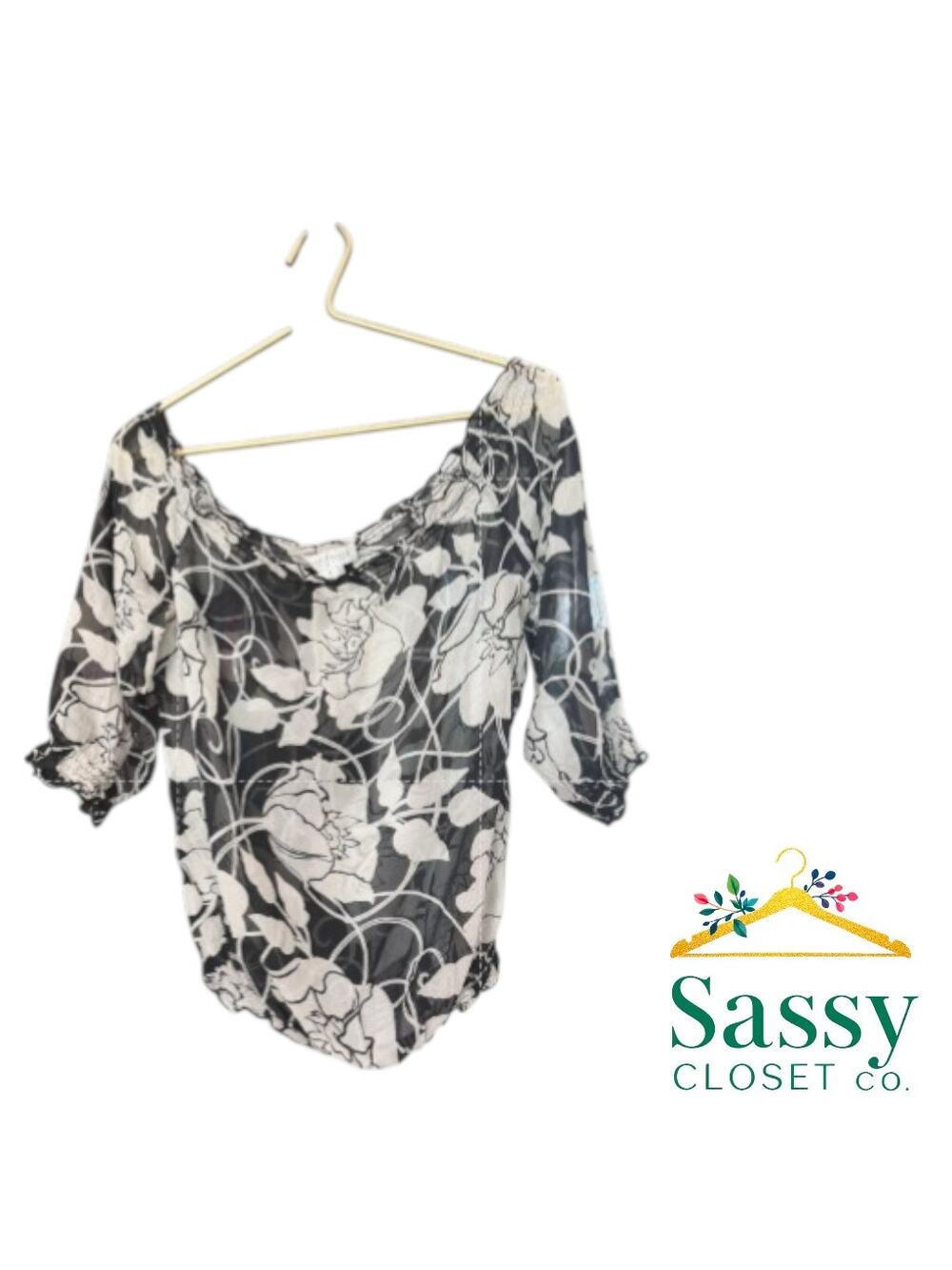WHBM Black White Silk Floral Blouse M Smocked Neck Off Shoulder EUC